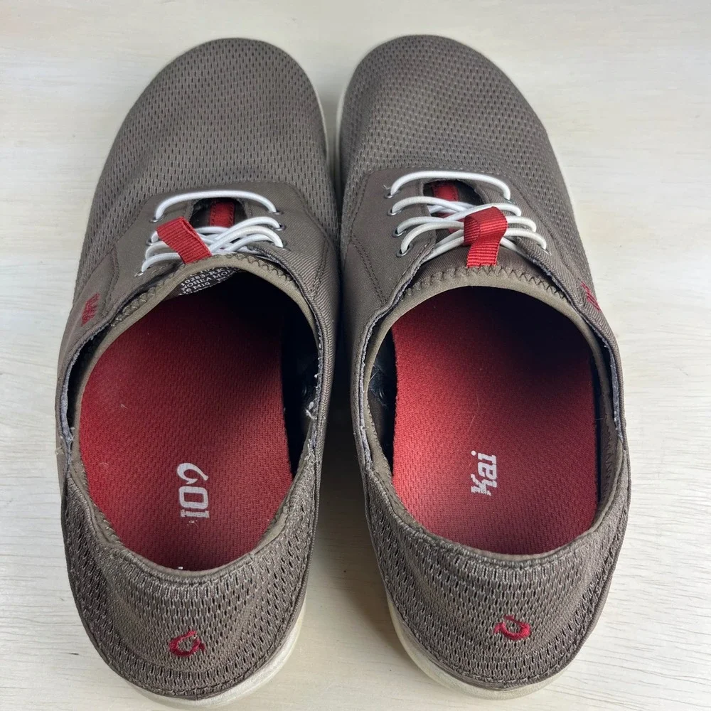 OluKai Nohea Moku Mens 10 Gray Red Boat Shoes Mesh Sneakers 10283-RK13